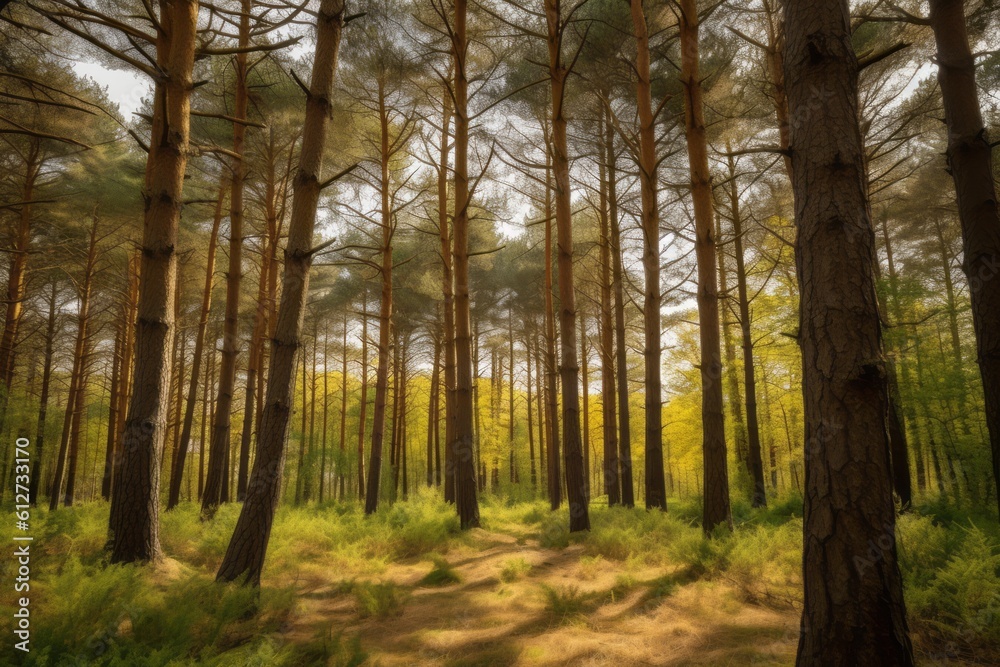 Pine trees in a woodland. Generative AI