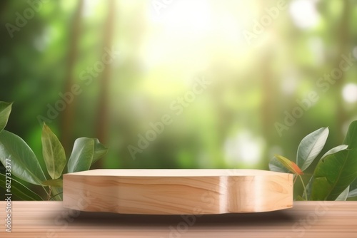 Wooden product display podium with blurred nature leaves background. Generative AI