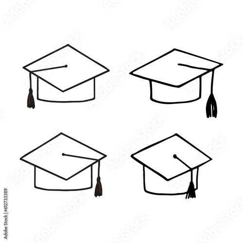 graduation cap set hand drawn in doodle style. icon, sticker in simple linear style.