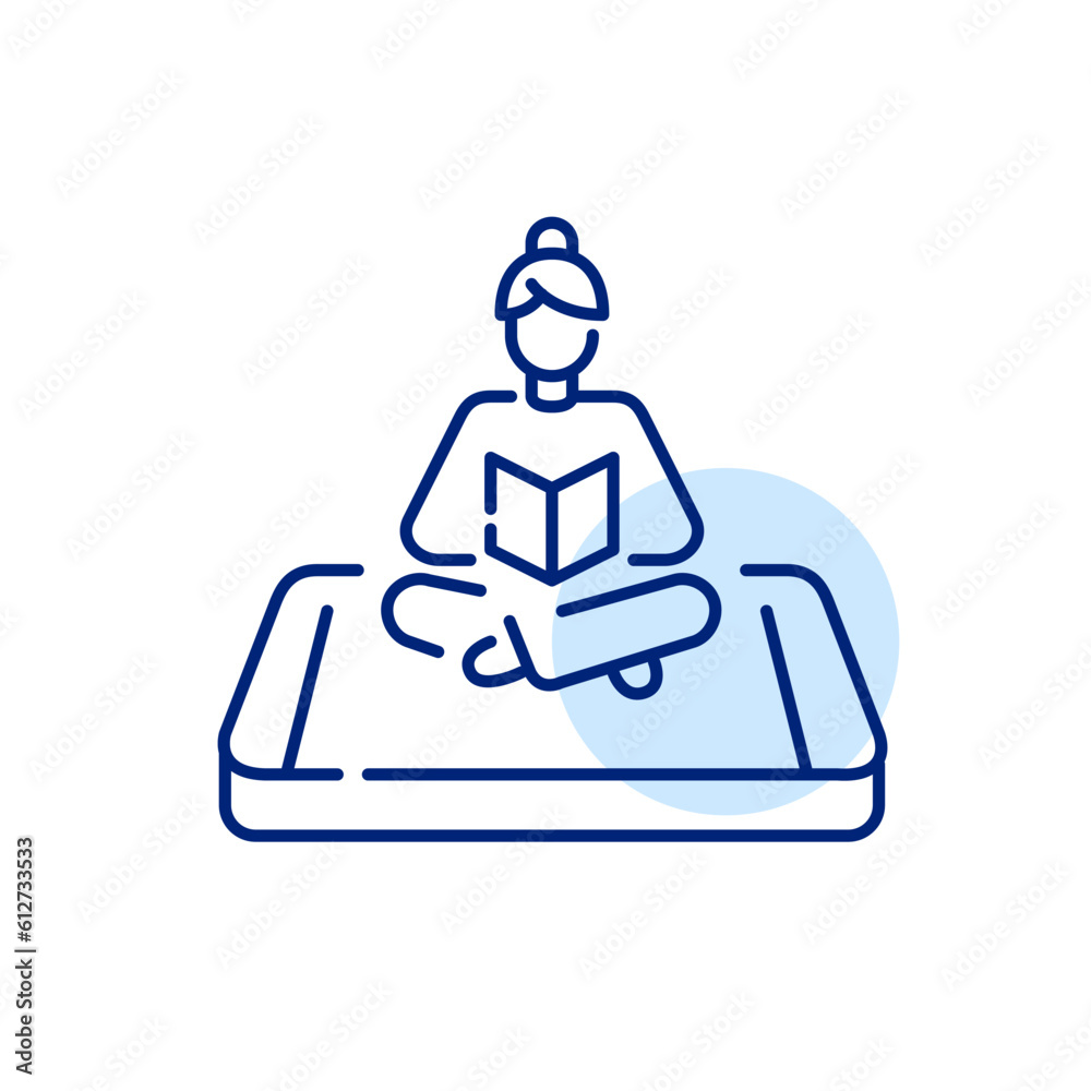 Girl sitting in comfortable clothes reading a book. Digital library app for smartphone. Pixel perfect, editable stroke icon