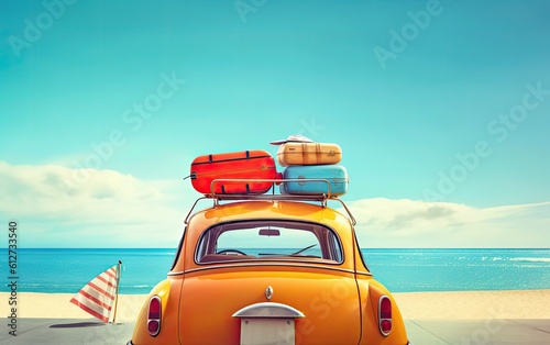 Yellow car with luggage on the beach. Generative AI.