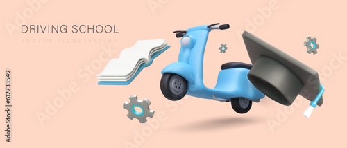Motorcycle, electric scooter, moped driving lessons. Theory and practice under instructor supervision. Learning process. Color positive advertising of driving school, floating 3D objects