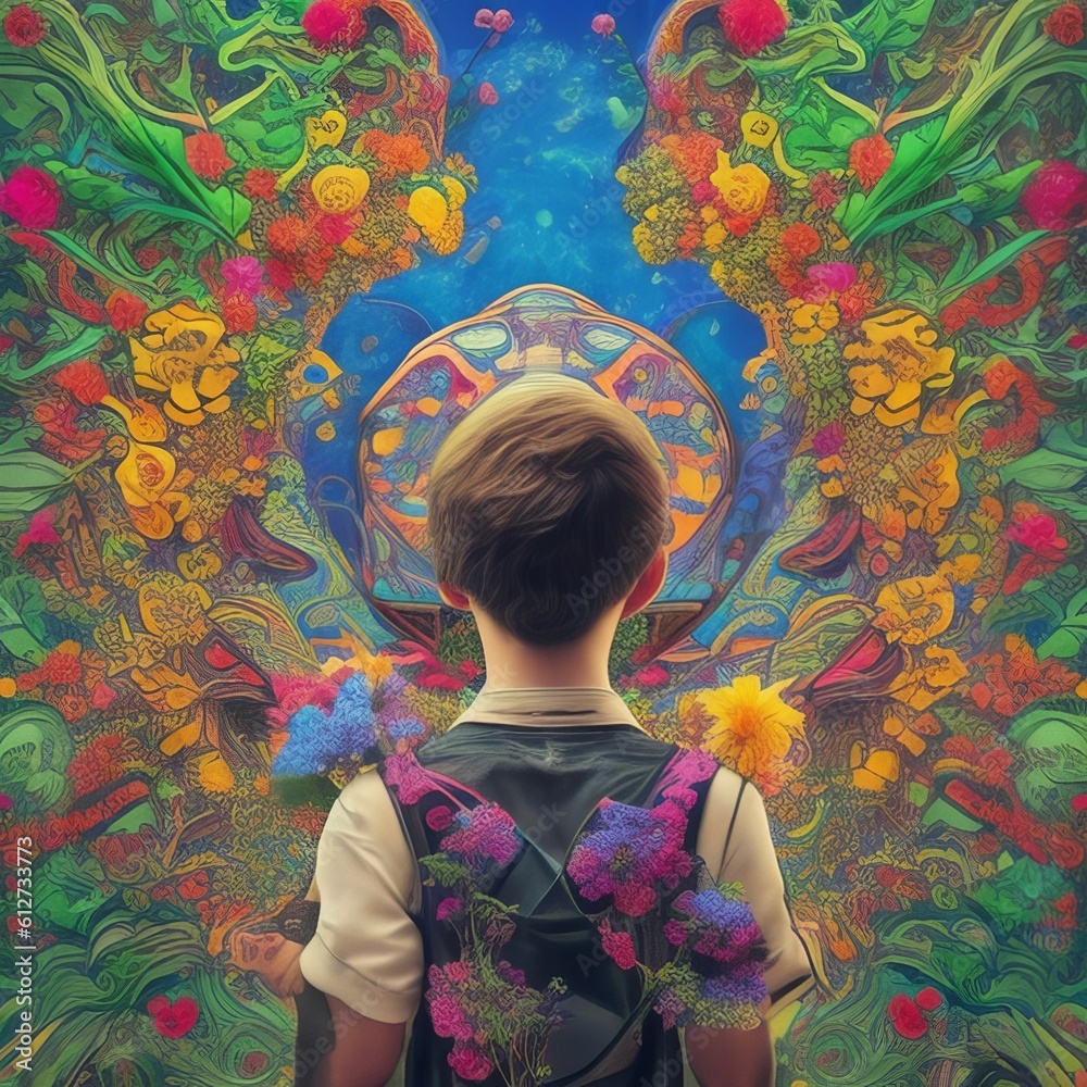 Fototapeta premium Junge schaut in eine Welt aus Blüten, AI und KI