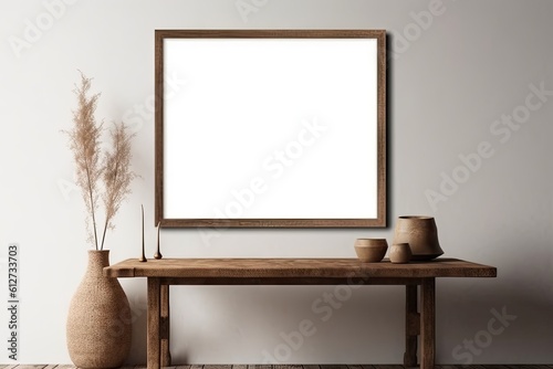 Modern Wooden Table with Empty White Picture Frames. Blank Mockup for Home Decor. Interior Design Background with Copy Space