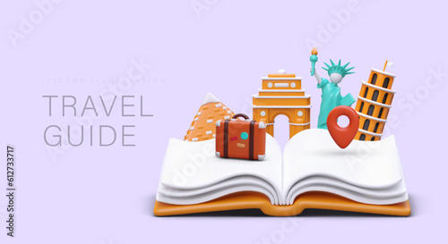 Travel guide. Giant unfolded book with 3D world sights, geotags, luggage. Color horizontal poster in modern style. Educational tours. Concept for tourism business