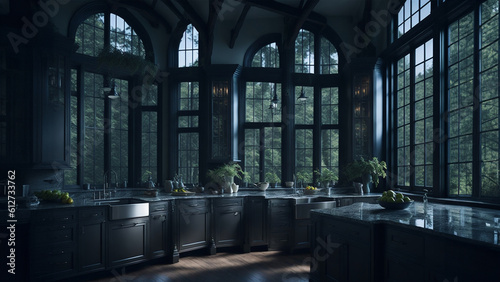 Beautiful kitchen design, with appliances, beautiful windows, behind which you can see nature