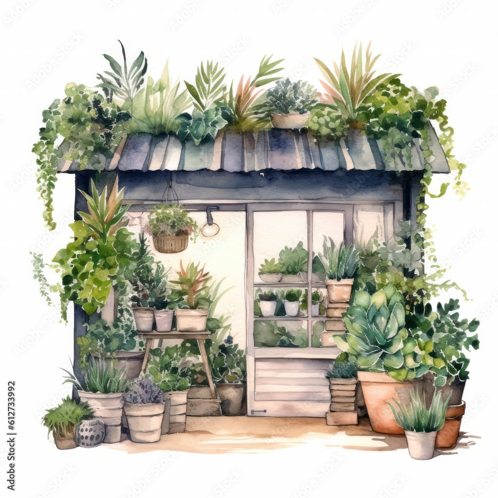 Flower shop in a watercolor style, on a white background, cute illustration isolated on white background. Generative AI.
