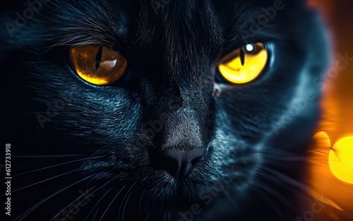 Black cat portrait with yellow eyes. Generative AI.