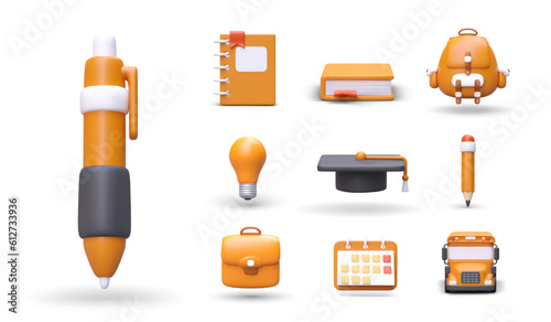Large set of pupil and student accessories. 3D stationery in cartoon style. School bus, calendar, light bulb, backpack, graduate hat. Isometric objects with shadows on white background