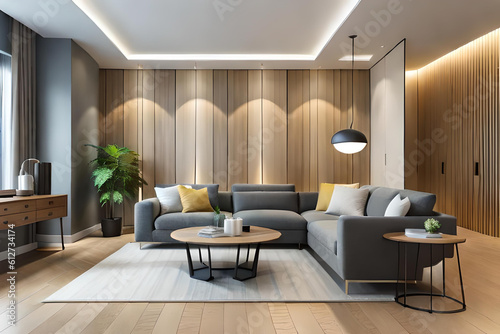 Interior of Living Room Modern style with Grey fabric sofa  Wooden side table  and white ceiling lamp on Wooden floor  Generative AI 