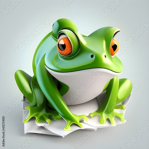 cute green frog with stylized polygon shape isolated on blurred background. Green frog in the form of folded paper. Generative AI