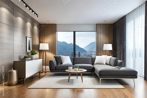 Interior of Living Room Modern style with Grey fabric sofa  Wooden side table  and white ceiling lamp on Wooden floor  Generative AI 