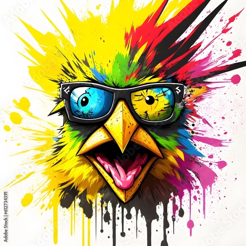 Abstract illustration of angry bird with colorful water splash. Angry Bird Head with colorful graffiti paint. Ai generative photo