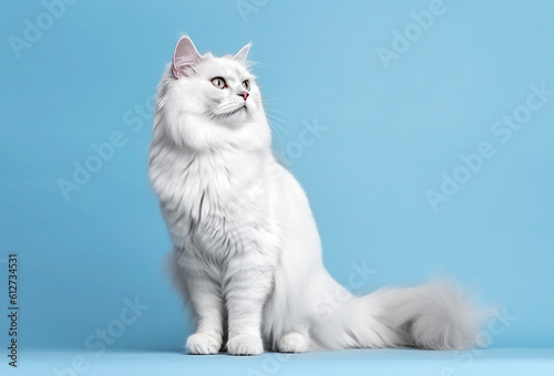 Angora white fluffy cat on a blue background with copy space.