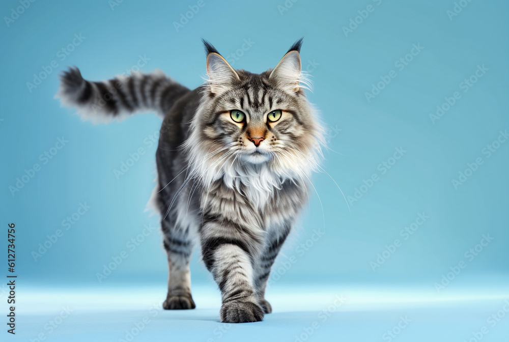 Beautiful young Maine Coon cat in motion, isolated on a blue background