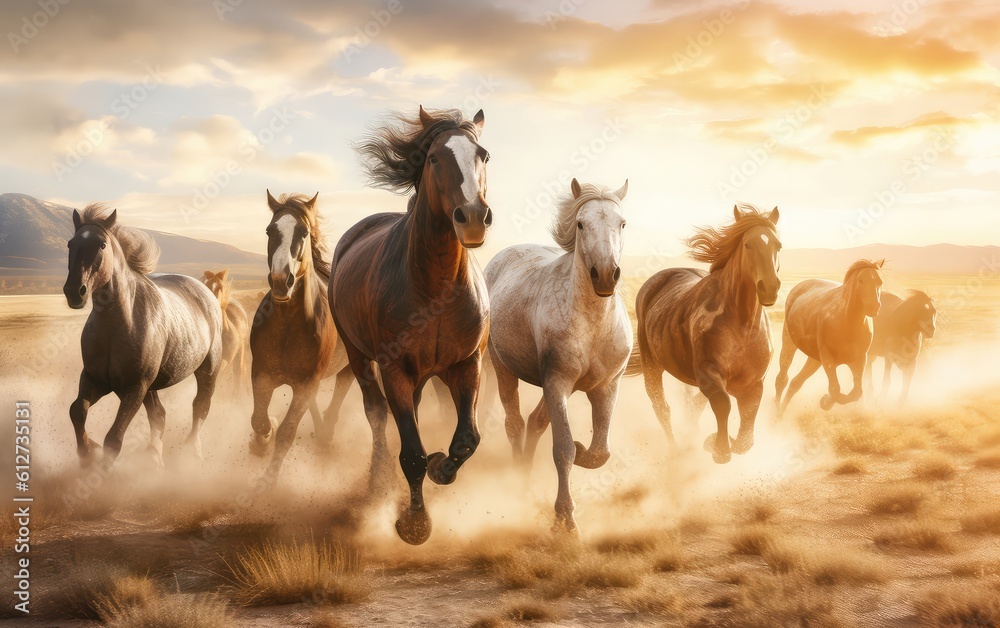 Obraz premium Horses running in the meadow at the sunset lighting. Generative AI.
