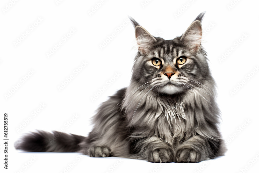 Gray or tricolor Maine Coon cat isolated on white background.