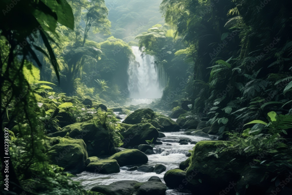 Waterfall tucked away within the dense foliage of the Amazon, emphasizing the hidden gems of this remarkable ecosystem. Generative Ai