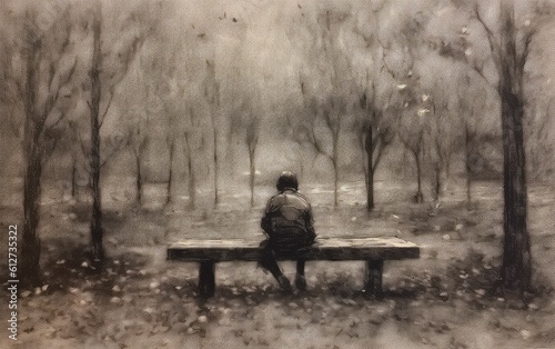 A lonely person sits on a chair in the park. Generative AI.