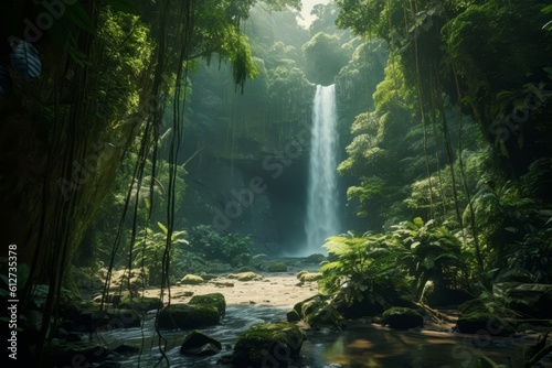 Waterfall tucked away within the dense foliage of the Amazon  emphasizing the hidden gems of this remarkable ecosystem. Generative Ai