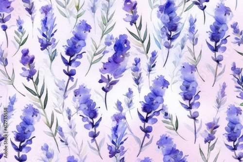 Seamless watercolor of the lavender pattern in white background. Generative AI.