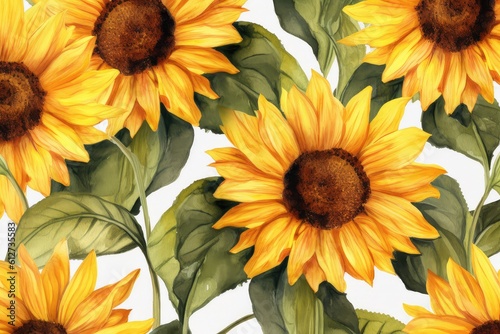 Watercolor sunflowers on white background. Generative AI.