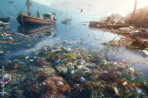 Garbage dump, waste on the surface of the river, sea, water in the port. Global catastrophe of water and environmental pollution.Generative, AI