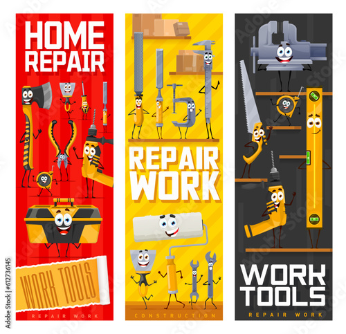 Cartoon repair and DIY work tool characters, vector banners with funny hammer and screwdriver. Carpentry and home repair tools with face, grinder, saw and spanner with cute toolbox, drill and chisel