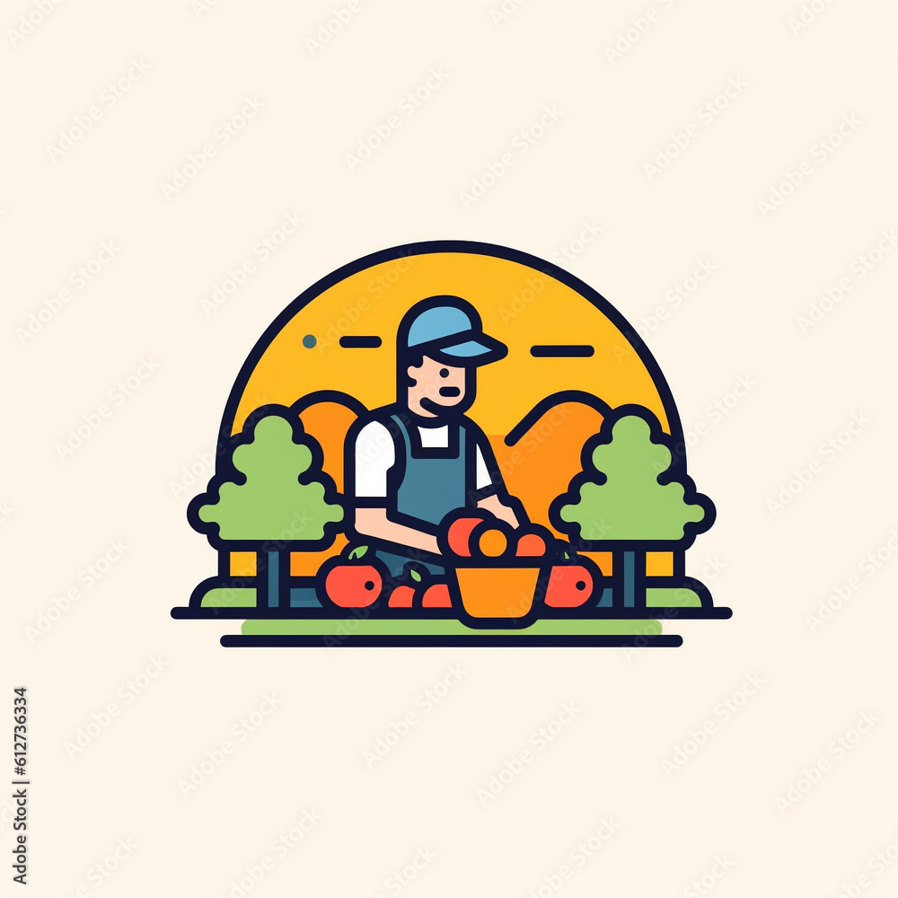 A modern line art style icon representing [autumn] apple picking. The design, detailed with bold outlines and solid colors, is a pixel-perfect created with generative AI software