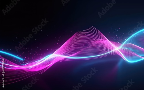 Abstract glowing curve lines in neon light magenta and blue. Generative AI.