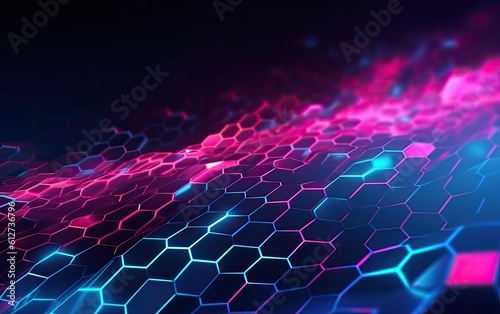 Abstract neon light background with hexagons. Generative AI.