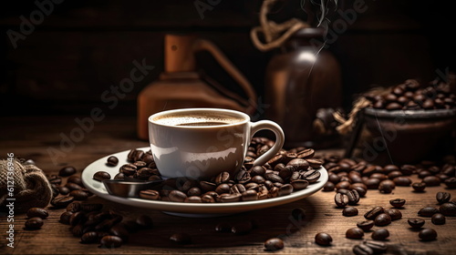 hot coffee with coffee beans on wood table
