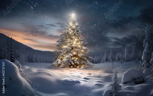 Christmas tree in the snow with sunset sky. Generative AI. © hugo