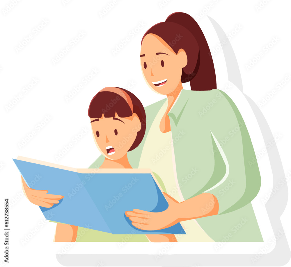 Mother and Daughter Sticker Reading Together Vector Illustration Mother and Daughter Sticker Reading Together Vector Illustration
