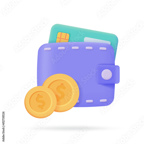 Credit card and wallet 3D icons.Online payment Cashless society for shopping. 3D illustration.