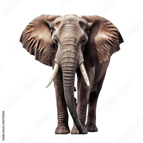 An elephant with white tusks stands in front of an isolated black background