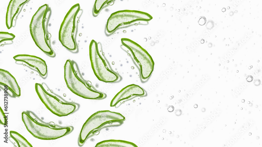 Obraz premium Thinly sliced slices of green fresh Aloe Vera. Background of the Aloe. Lots of slices of Aloe