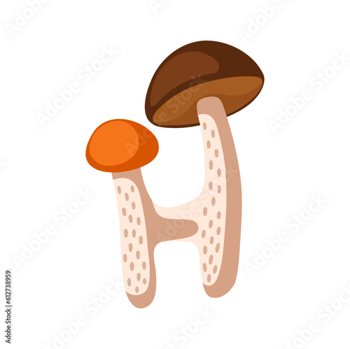 Letter H autumn type alphabet, font of mushrooms. Vector Thanksgiving day, edible fungi alphabet type, typography sign