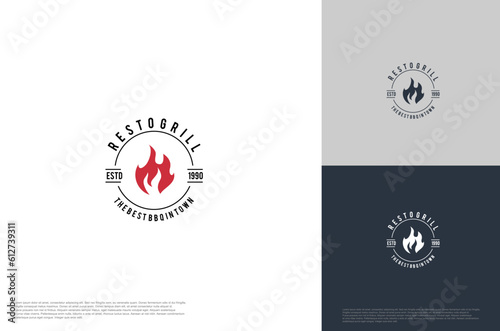 barbecue grilled vector logo template. BBQ, grill food and restaurant icon with fire icon
