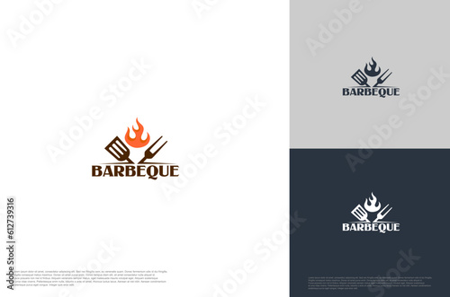 barbecue grilled vector logo template. BBQ, grill food and restaurant icon with fire icon