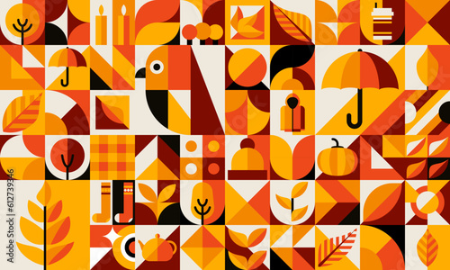 Bauhaus pattern with autumn and Thanksgiving harvest. Business presentation retro composition, corporate identity abstract forms and elements vector background with autumn tree leaves and clothing