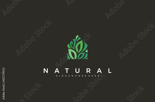 Natural house tree line art logo concept simple design. Vector illustration