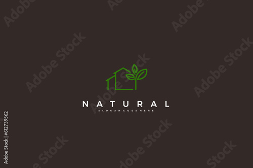 Natural house tree line art logo concept simple design. Vector illustration