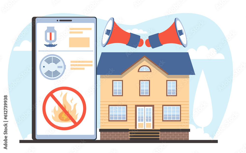 Home fire alarm, smoke detector, safety system. Smart house with electronic property protect device. Flame sensors, online equipment. Smartphone app cartoon flat isolated png concept
