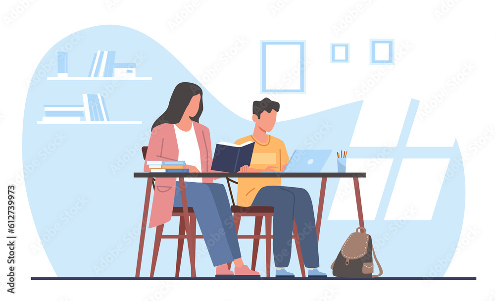 Mom helps her son do his homework. Mother with kid sitting at desk with books. Clever boy studying at home, schoolchild learning with parent. Cartoon flat style isolated png concept