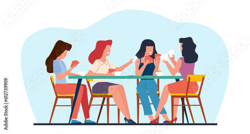 Happy women friends sit around table and play cards on weekend. Girls party at home. Female players during board game. Drinking tea, buddies resting. Cartoon flat isolated png concept photo