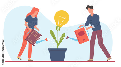 Growing creating idea, people water lightbulb with knowledge from books. Education for new project. Man and woman watering creative plant. Cartoon flat style isolated png concept
