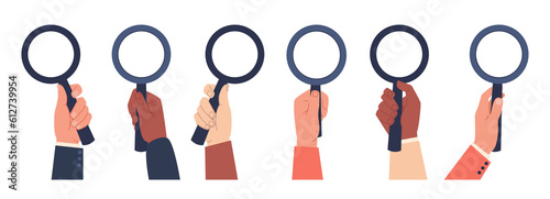 Concept of search, research and analysis, hands holding magnifying glass. Optical tool in hand. Observation or examination. Discovery symbol, website icon. png cartoon flat illustration