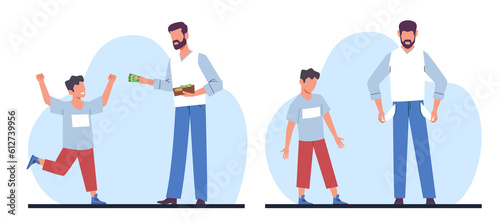 Father gives money from purse to son, father has no cash for child. Rich and poor family, kids pocket expenses, children budget and accumulation. Cartoon flat style isolated png set