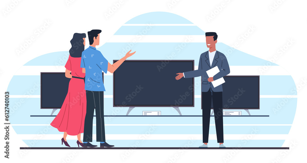 Salesman shows man and woman big screen TV in electronics store. Customer making purchases, product presentation for buyers. Cartoon flat style isolated marketing png shopping concept Salesman shows man and woman big screen TV in electronics store. Customer making purchases, product presentation for buyers. Cartoon flat style isolated marketing png shopping concept